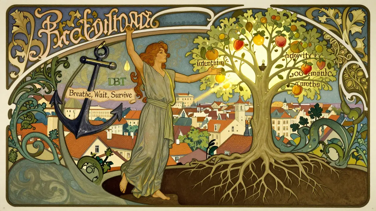 Postava vystupující z temnoty, držící kotvu DBT a táhnoucí se k stromu symbolizujícímu hlubokou transformaci identity.