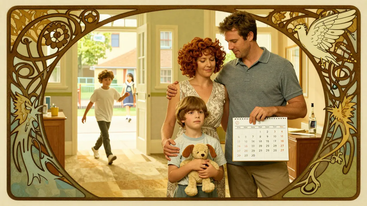 Rodina spolu stojí v domě, dítě drží oblíbenou hračku, za nimi se objevuje scéna, jak jde do školy — symbol růstu a bezpečí.