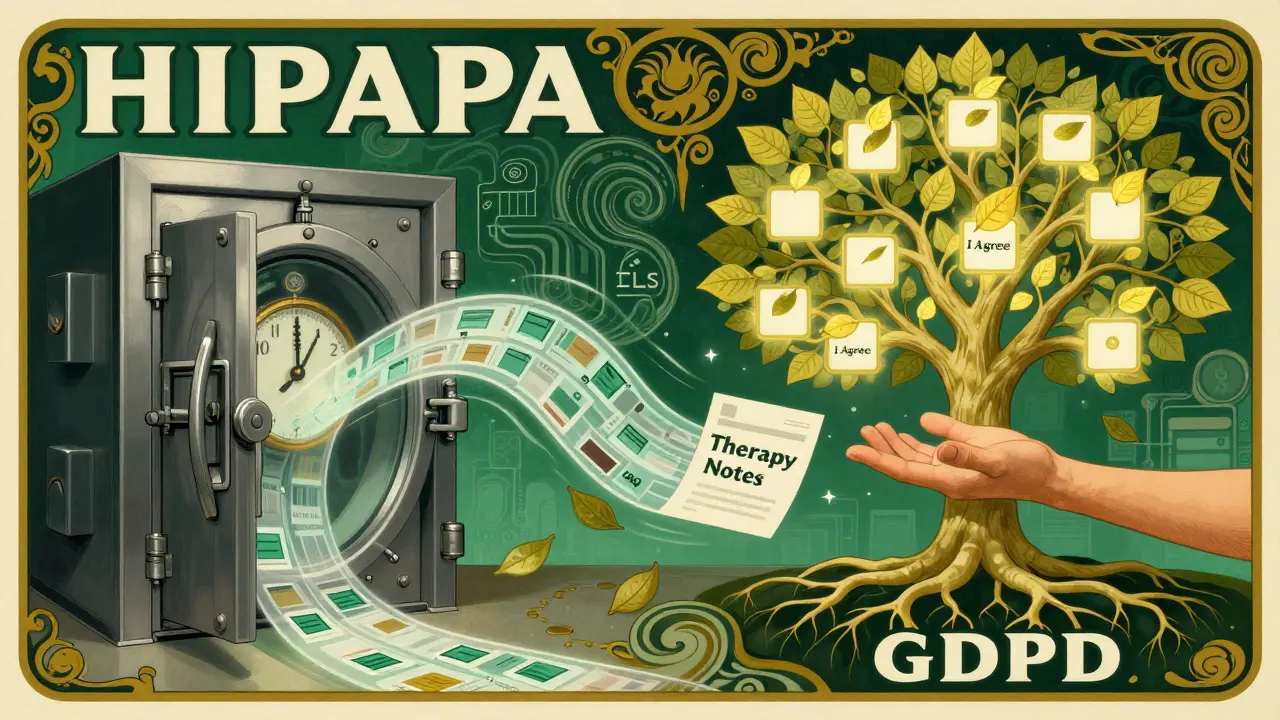 Rozdělená scéna: americký úložiště dat vs. evropský strom souhlasu a smazání dat.