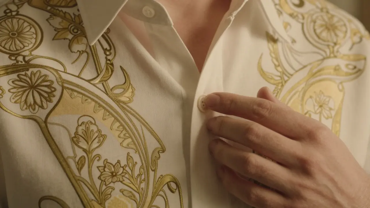 Ruka dotýká se knoflíku na košili s dekorativními prvky.