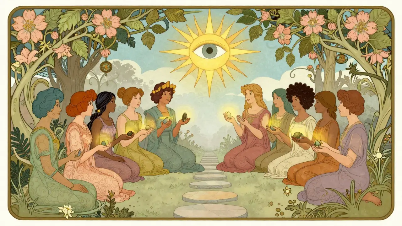 Skupina lidí drží malé zářící kameny, symbolizující malé úspěchy, pod vlivem pozorujícího oka.