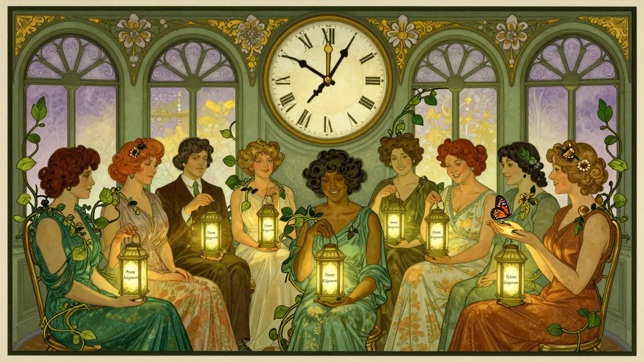 Skupina lidí drží světlice s domácími úkoly, kolem nich kvetou květy mindfulness.