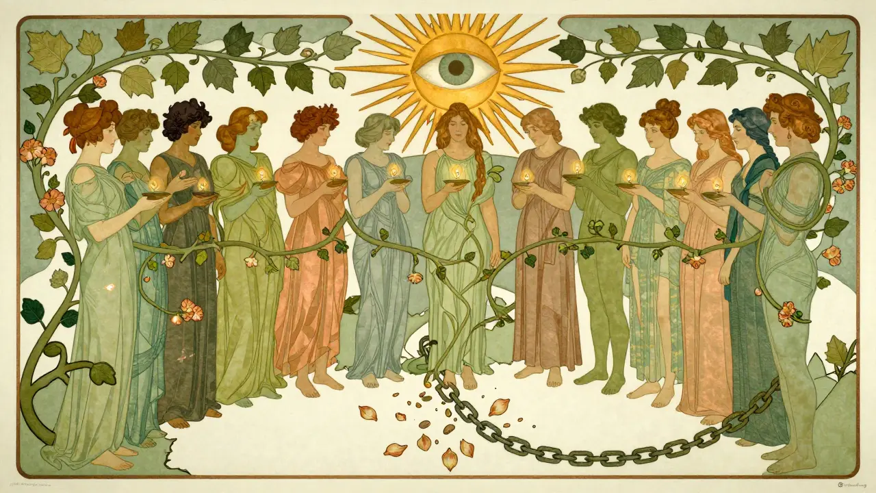 Skupina lidí spojených květinovým větvím, symbolizující společnou odolnost a uzdravení.