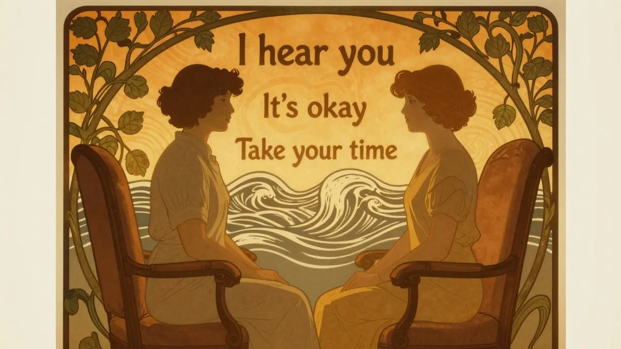 Terapeut a klient sedí vedle sebe, kolem nich stébla a vlny představují tichou komunikaci.