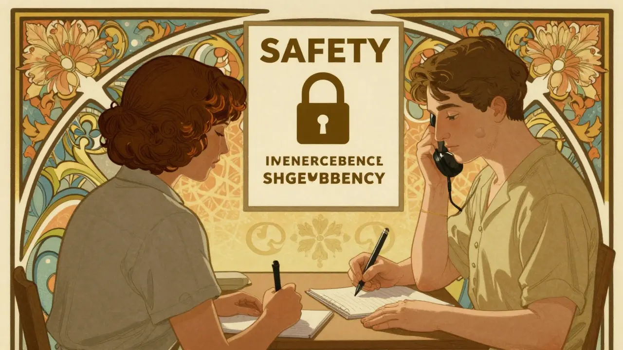 Terapeut a klient spolupracují na bezpečnostních dohodách s digitálními prvky v Art Nouveau stylu