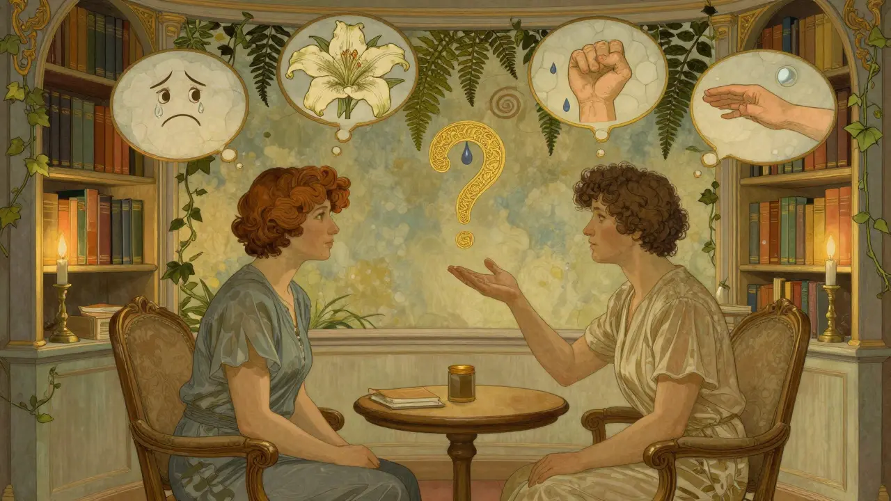 Terapeut a pacient spolu hledají smysl v emocích, okolí plné květů a myšlenek.