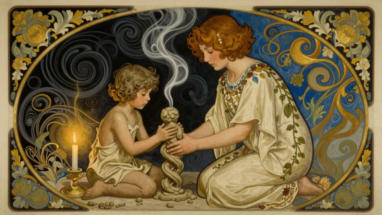 Terapeutka pozoruje dítě, které tvaruje hlínu, kolem nich se vznášejí barvy symbolizující strach a klid.