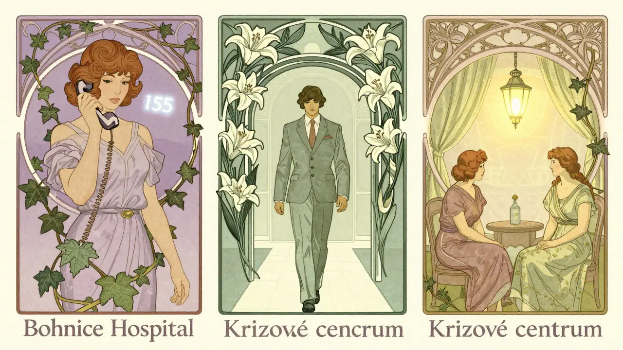 Tři cesty k psychiatrické pomoci v Česku: telefon, nemocnice a krizové centrum v uměleckém stylu.