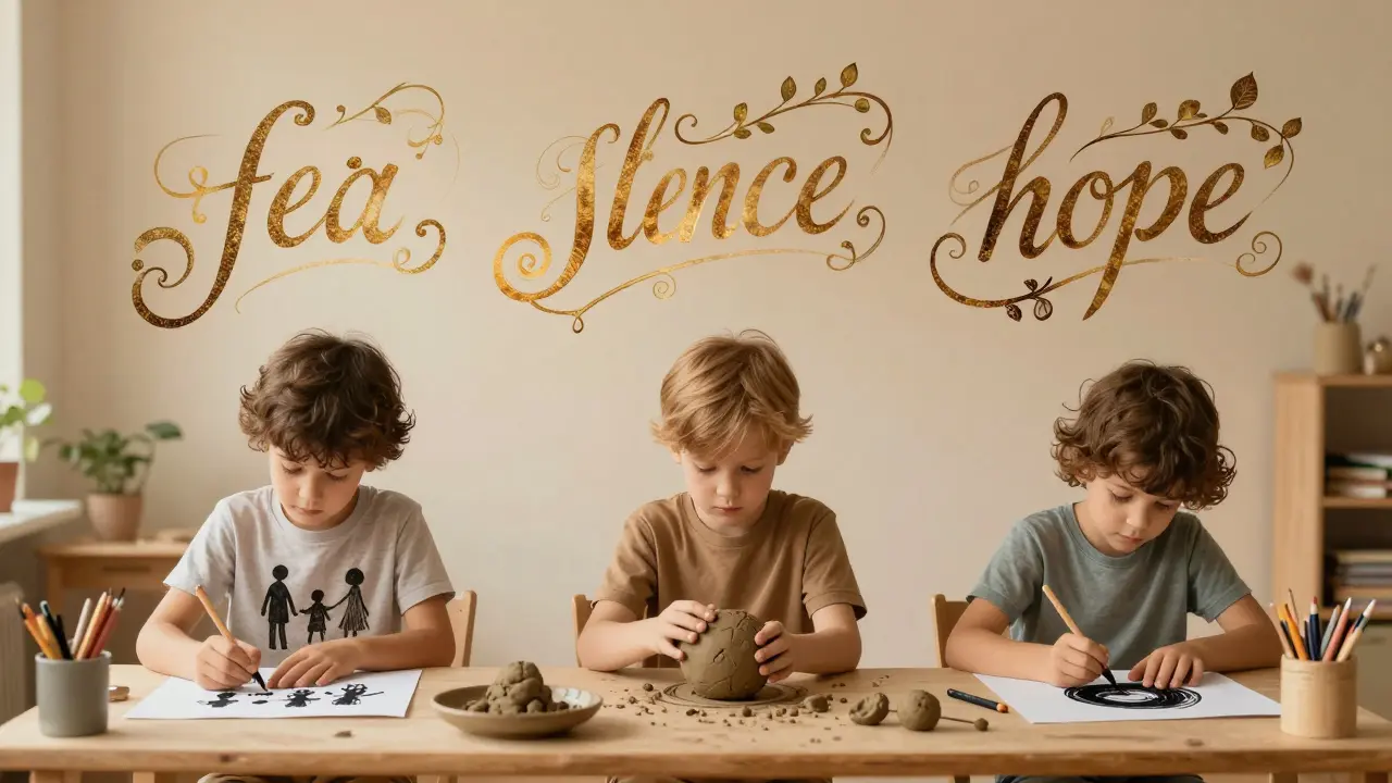 Tři děti kreslí, tvarují a barví v terapeutickém prostředí, kolem nich se vznášejí elegantní symboly emocí.