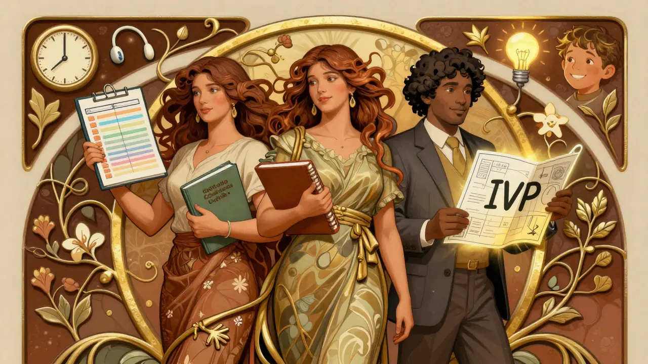 Trojice – učitelka, rodič a poradce – tvoří kruh podpory s symboly individuálního vzdělávacího plánu.