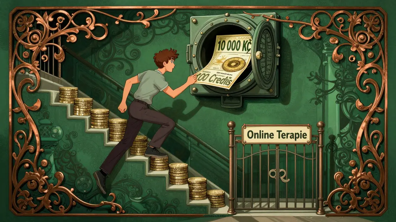 Člověk vystupuje po schodech z kreditů, na vrcholu je poklad s 10 000 Kč, ale online terapie je zablokovaná.