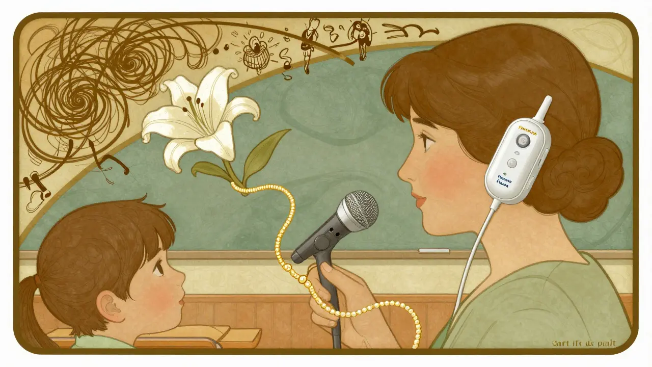 Dítě v třídě, které slyší učitele přes jemný zlatý proud, zatímco šum kolem zmizí.