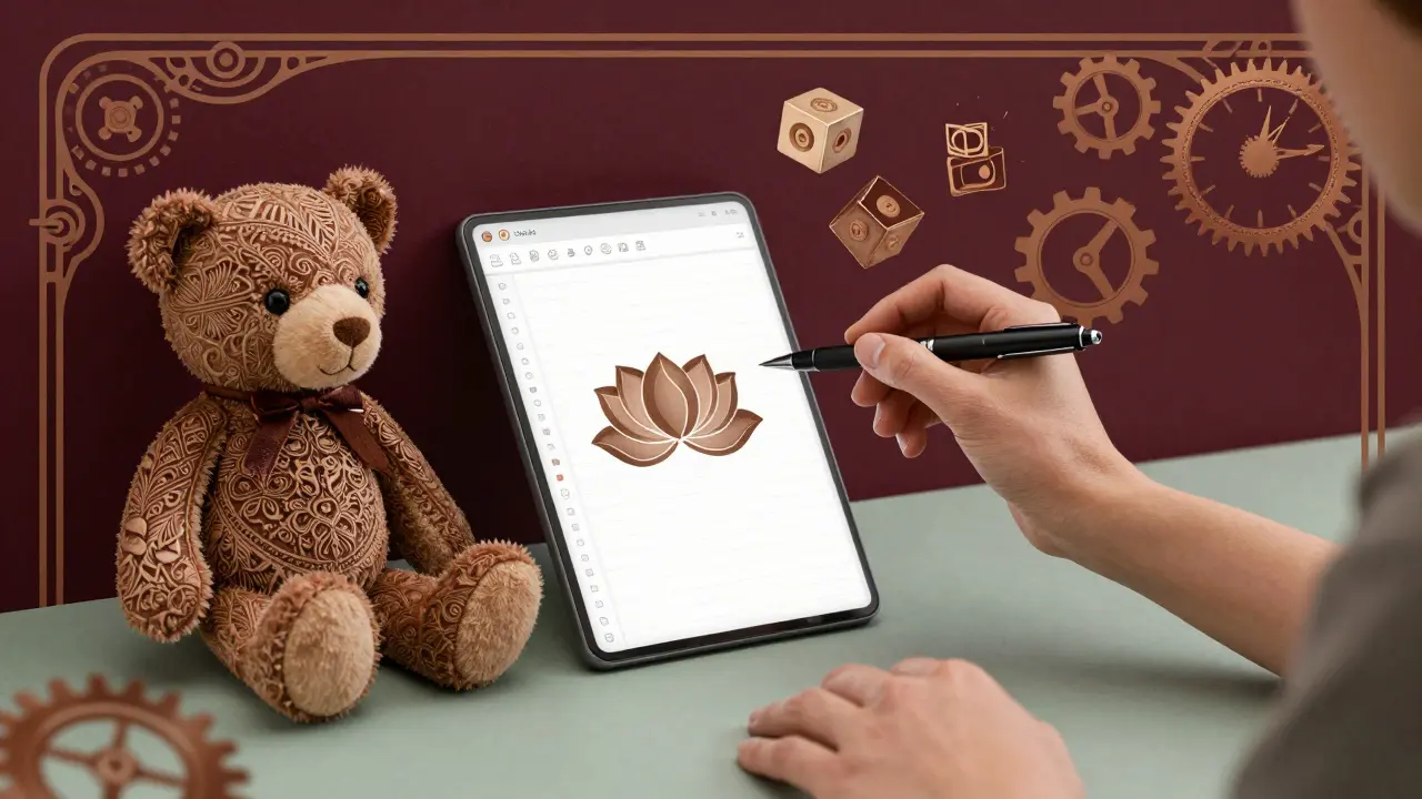 Dospělý pracovník s váženým plyšákem a inteligentním perem, které přenáší poznámky do květového rozhraní.