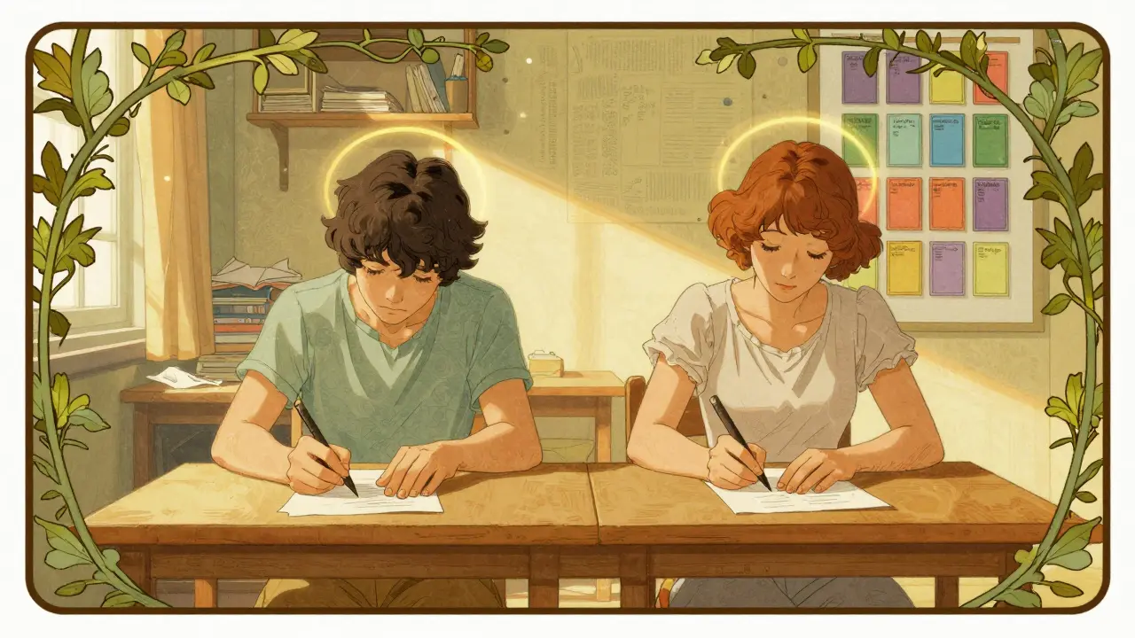 Dvě osoby spolu klidně pracují, jedna s nepořádkem, druhá s vizuálním plánem na zdi, obklopeny vínovými ratolestmi.