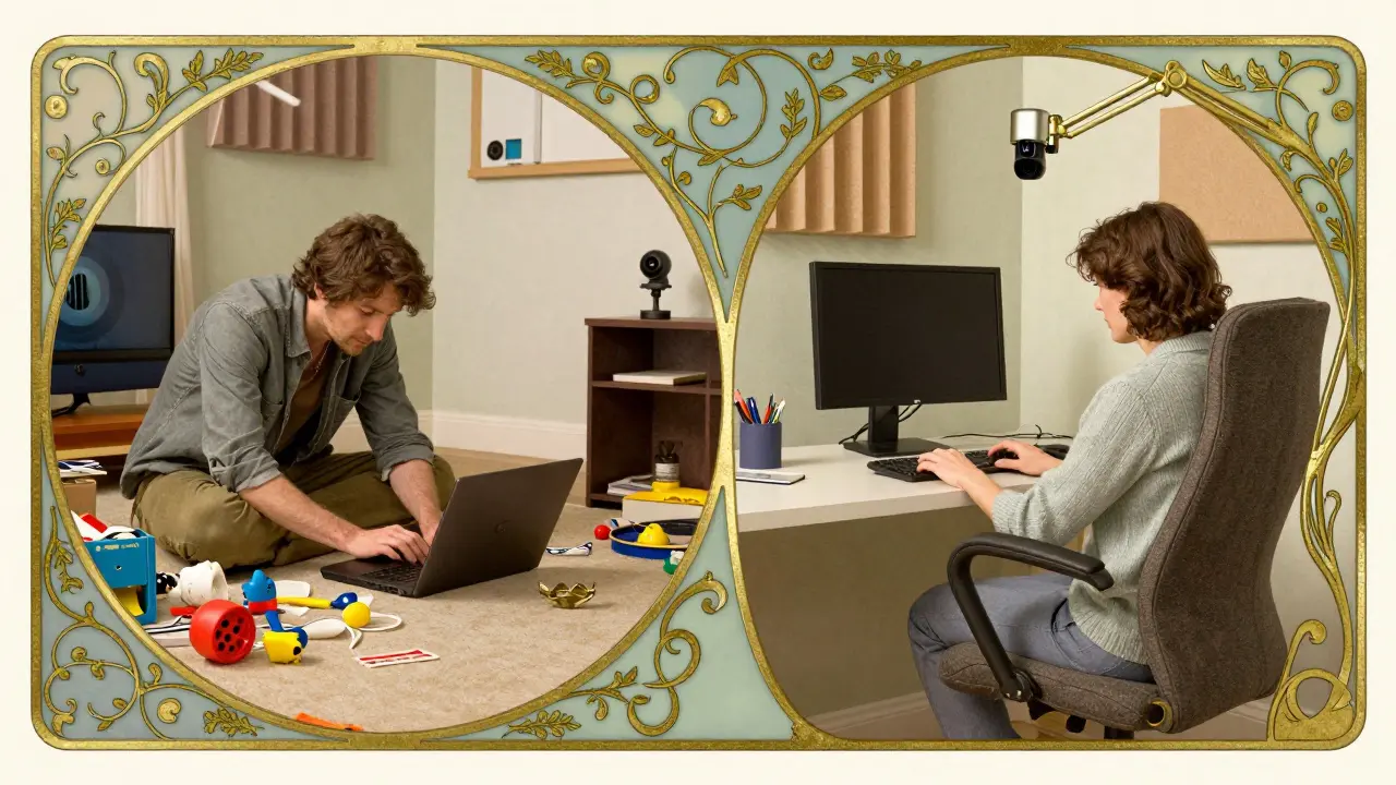 Dvě scény: špatně nastavený pracovní prostor vlevo a ideální ergonomie vpravo s akustickými panely.