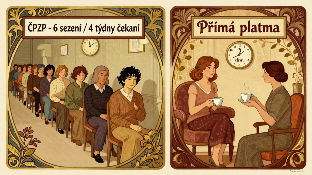 Dvě scény terapie: dlouhá čekací doba u pojišťovny proti rychlému přístupu u soukromého terapeuta.