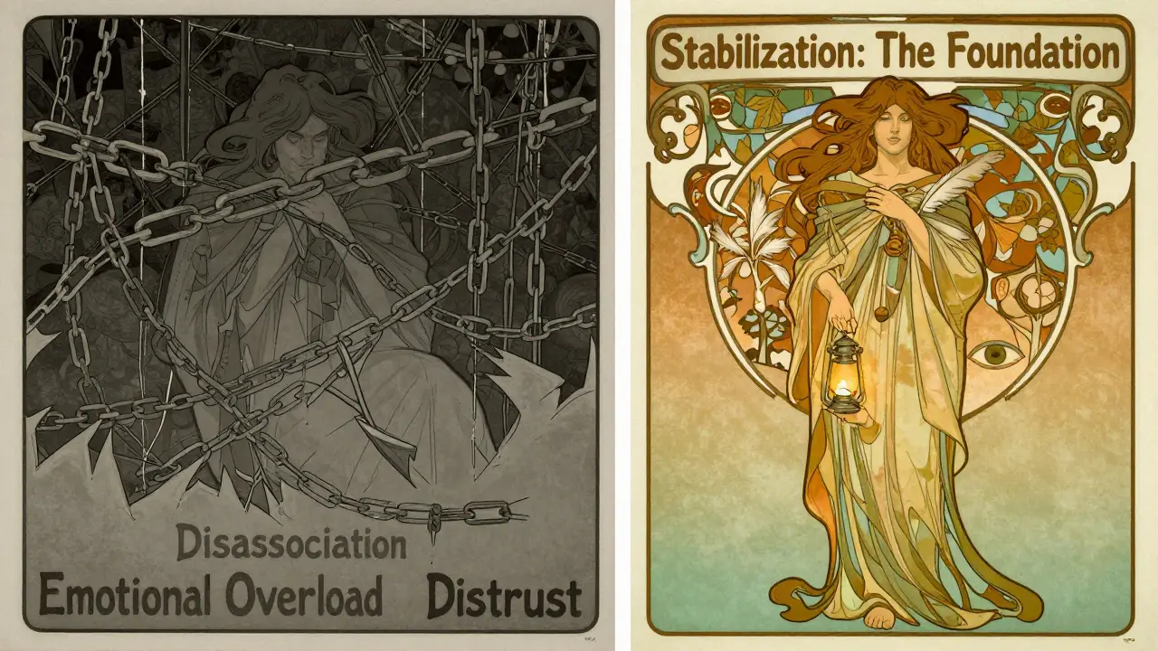 Dvoubarevný obraz: z jedné strany vězení z ran, z druhé strany osvobození skrze symboly bezpečí a klidu.