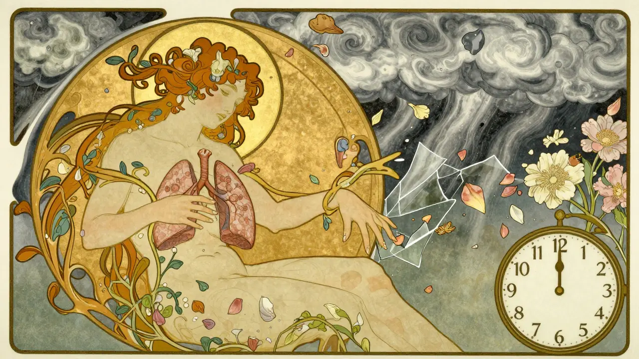 Fragmentovaný člověk je jemně sbírán do celku pomocí květinných rukou a zlatého světla, symbolizující stabilizaci.