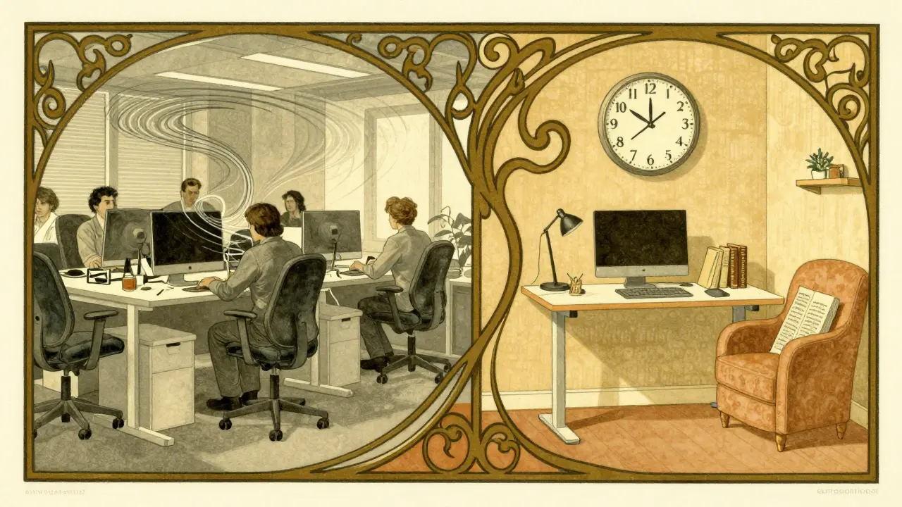 Kontrast chaosu otevřené kanceláře a klidného přizpůsobeného pracovního prostoru v uměleckém stylu.