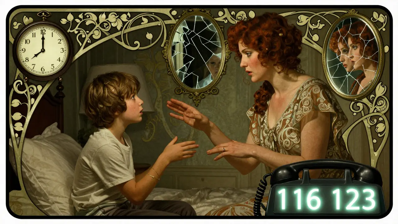 Matka se snaží dotknout svého syna, kolem nich jsou varovné symboly a číslo Linky bezpečí.