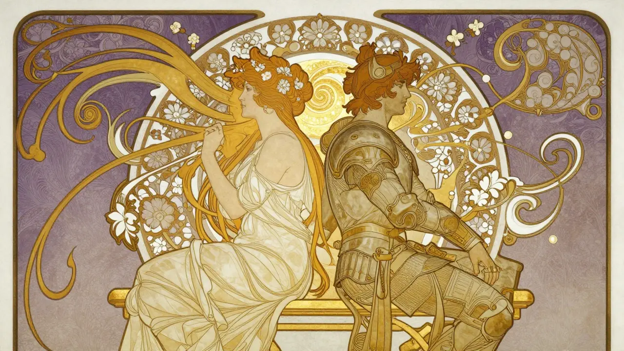 Muž a žena sedí zády k sobě, kolem nich plavou archetypy animy a anima.