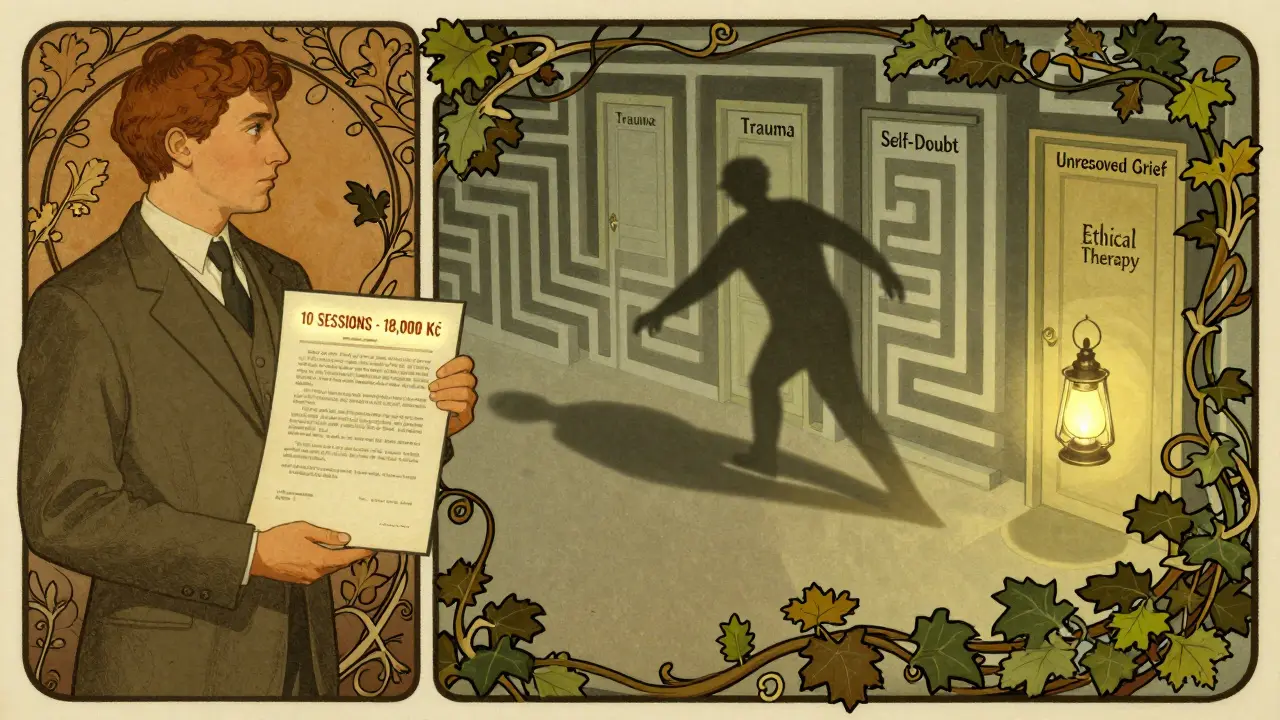 Muž drží smlouvu o terapii, jeho stín vede do bludiště s nevyřešenými problémy.