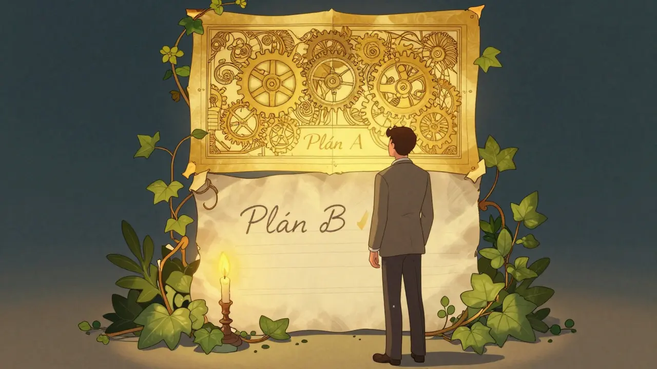 Muž před dvěma plány: složitý zlatý plán A a jednoduchý zápis Plán B s jednou kontrolou, obklopený ivou a větvemi.