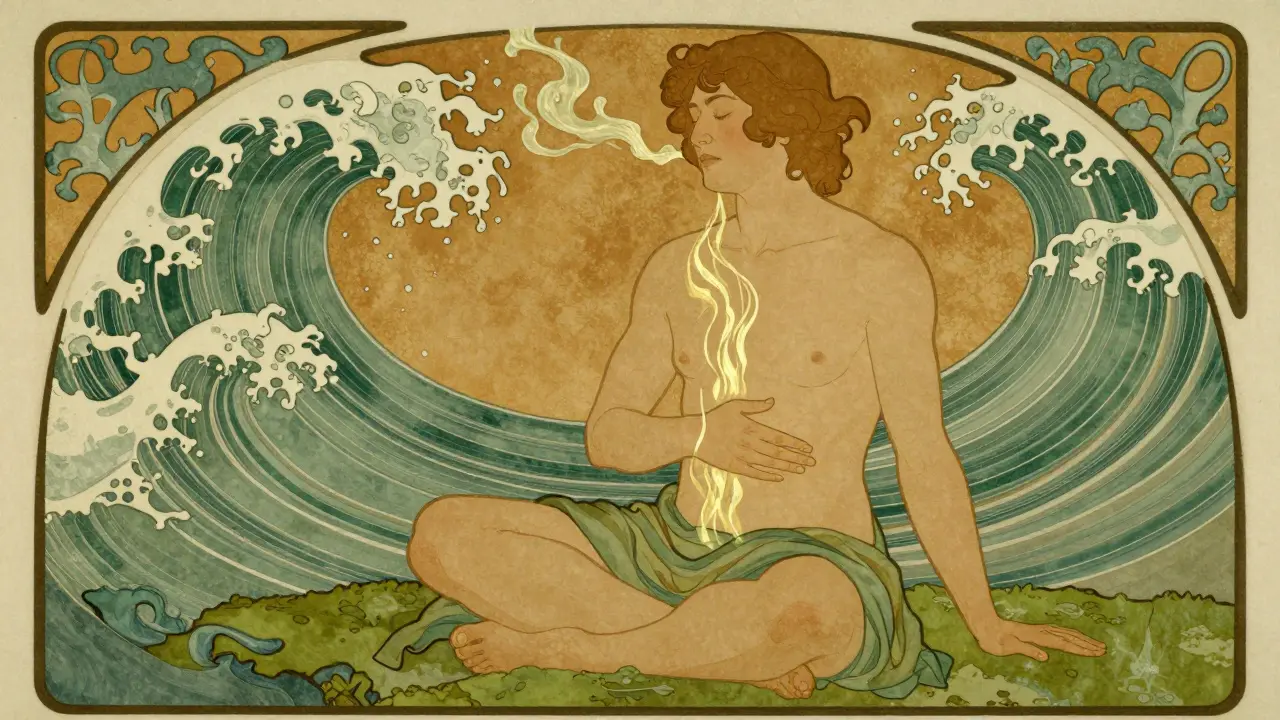 Osoba medituje, z jejího těla vyrůstají jemné světelné vlny, symbolizující vědomé přijetí těla.