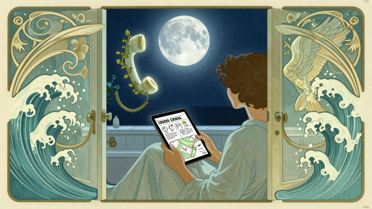 Osoba v koupelně s otevřenými dveřmi používá krizový plán na tabletu.