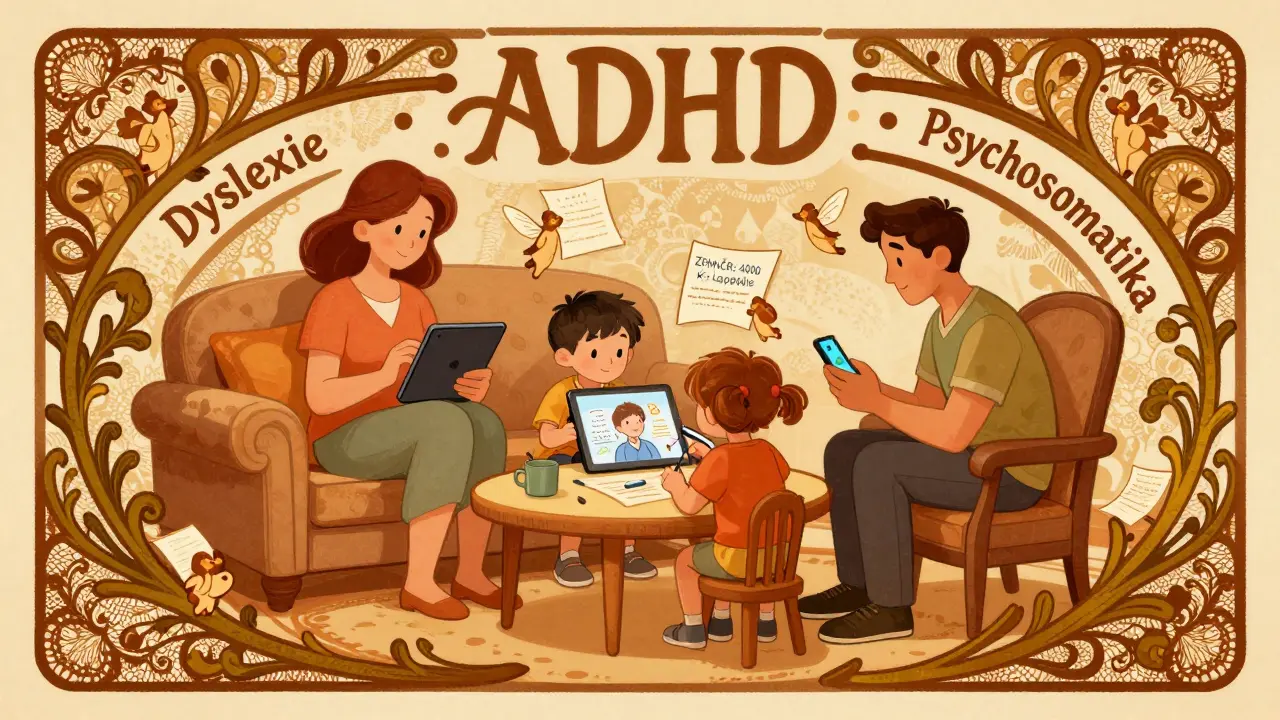 Rodina si dělá online terapii, kolem nich jsou symboly podpory pro děti s ADHD a dyslexií.