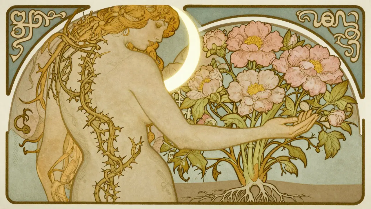 Rozdělený obraz těla: napětí jako trny se mění v květy, symbolizující přirozené uvolnění emocí bez násilí.