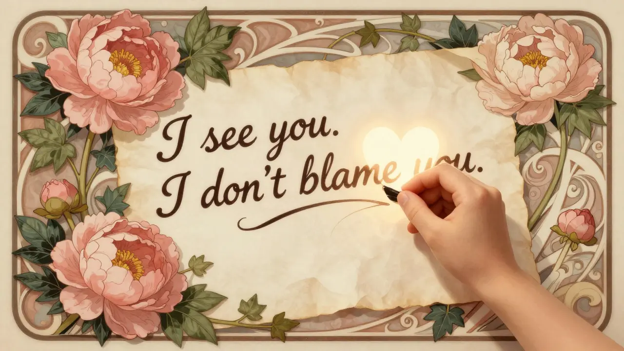 Ruka píše dopis, kde slova převrácená do květů říkají: 'Nechci tě trestat.'