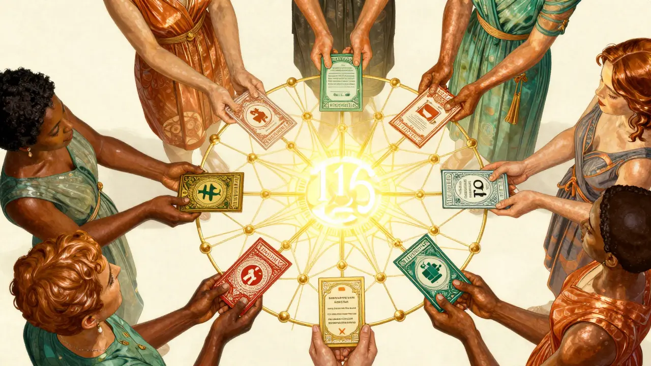 Skupina lidí drží kartičky s prvky krizového plánu, spojené zlatými nitěmi.