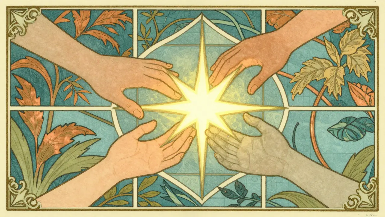 Společná péče zobrazená spojenými rukama v nadějném ornamentálním grafickém stylu.