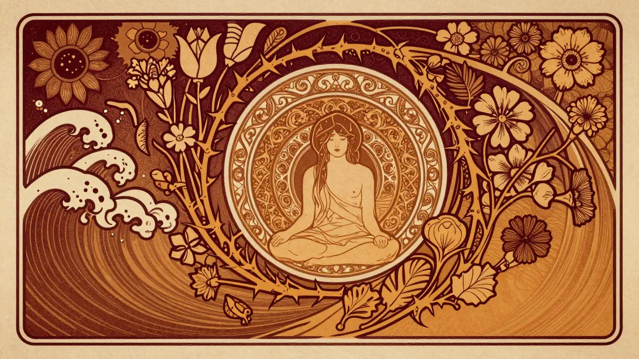 Symbolická spirála úzkosti a závislosti transformující se na stabilitu v ozdobném designu.