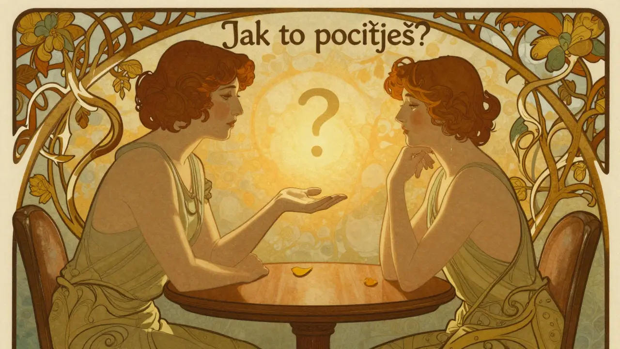 Terapeut a klient sedí proti sobě, mezi nimi plynoucí linie symbolizující důvěru a otázky.