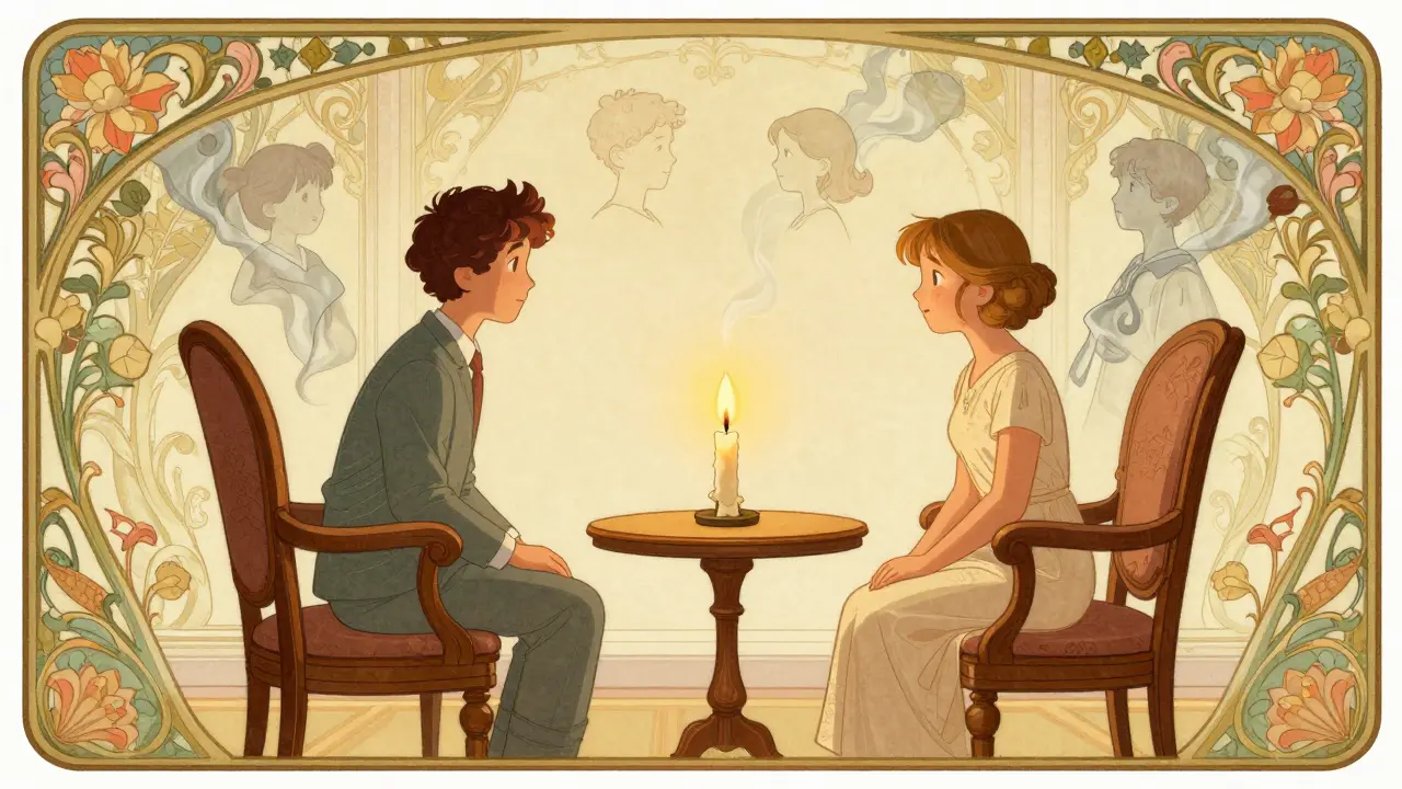 Terapeut a klient sedí v okrasném prostoru, kde se mezi nimi vznáší nezhasnutá svíčka jako symbol hledání smyslu.