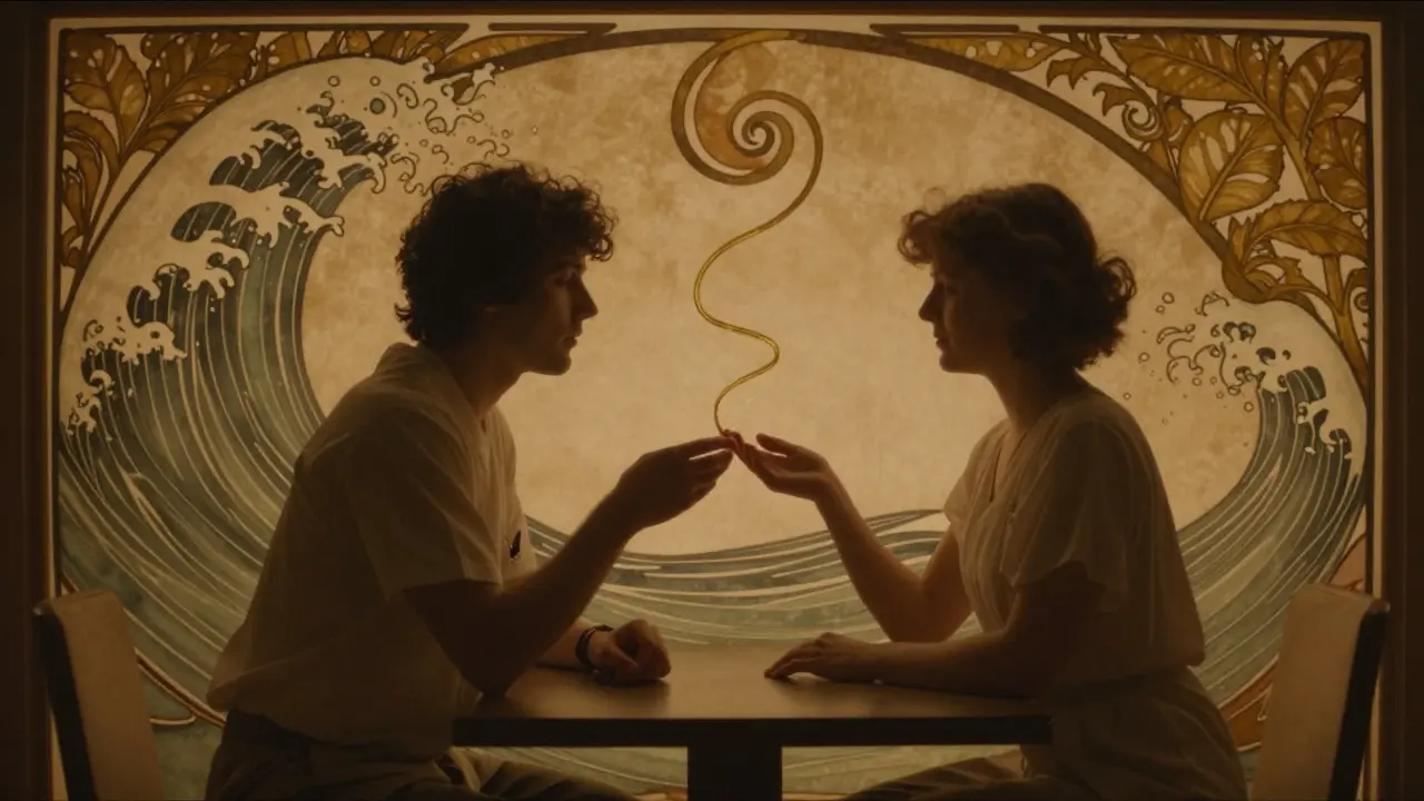 Terapeut a klientka sedí proti sobě, spojení mezi nimi zobrazeno jako zlatá nit, kolem nich rostoucí motivy napětí a míru.