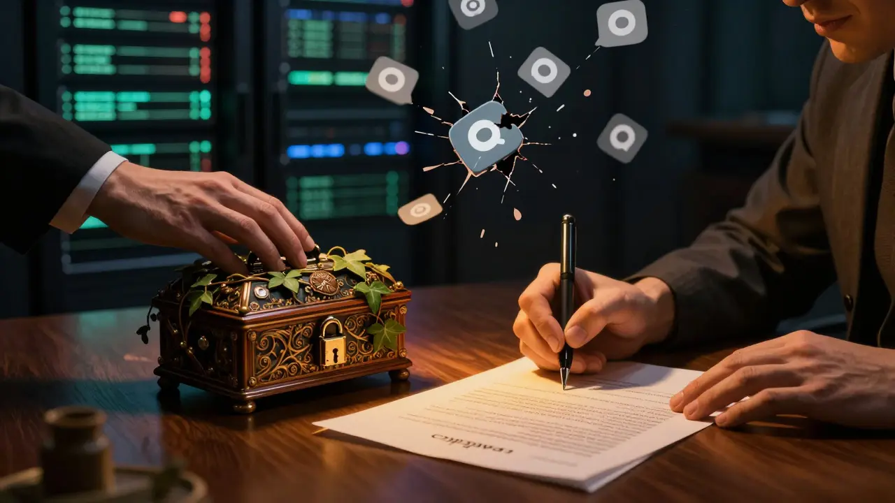 Terapeut ukládá záznam do zamčené krabičky, zatímco klient podepisuje smlouvu s etickými body.