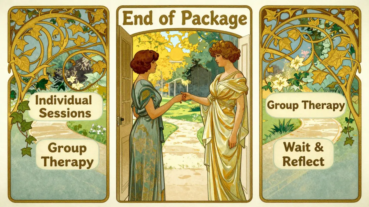 Terapeutka vede klienta k třem cestám po skončení balíčku: individuální, skupinová nebo pauza.