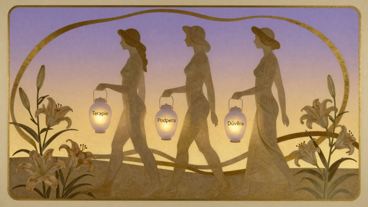 Tři postavy nesou lucerny s nápisy terapie, podpora a důvěra po světlem cestě.