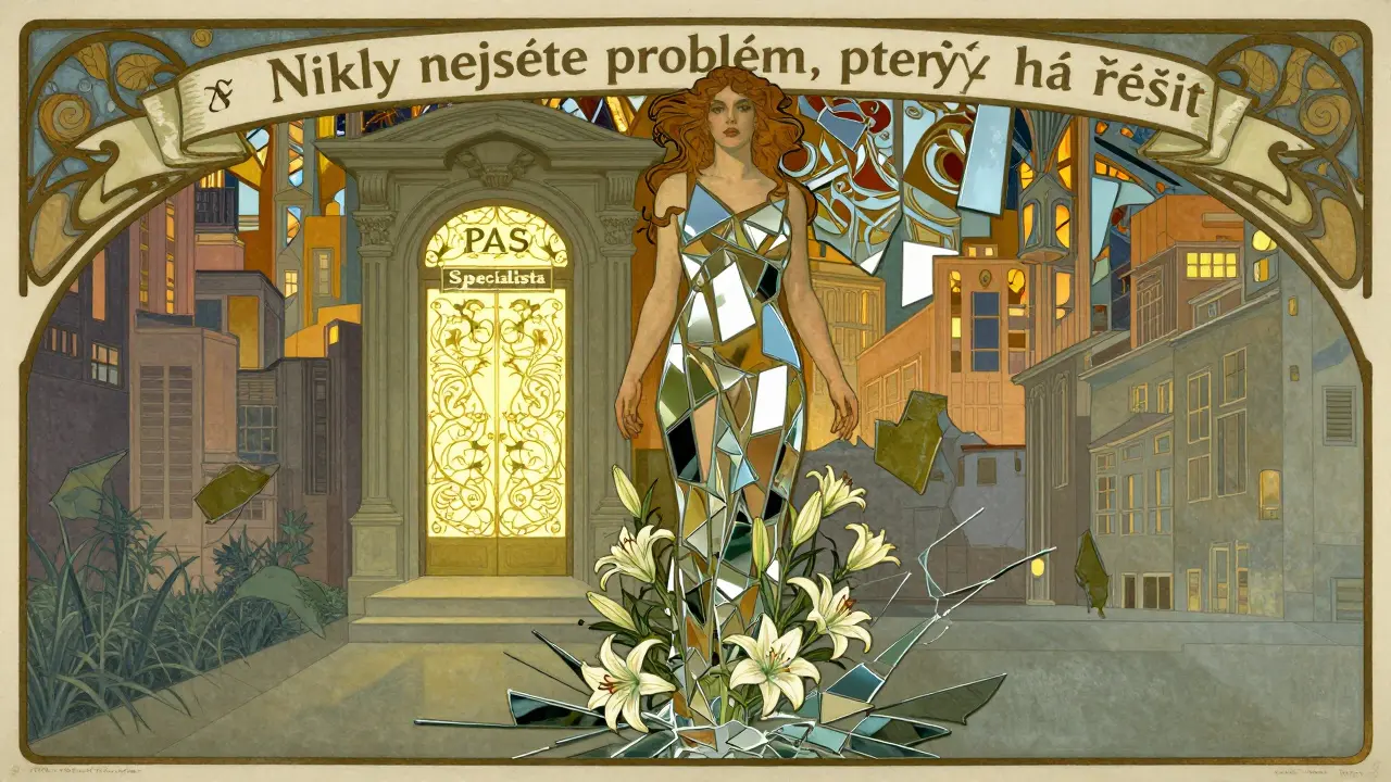 Žena z obrazovek se přeměňuje v květiny, zatímco za ní září dveře s označením 'PAS Specialista'.