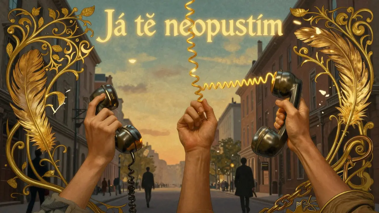 Zlatá telefonní linka spojuje tři ruce, kolem nich kvetou orgánické tvary a zní spojení: 'Já tě neopustím'.