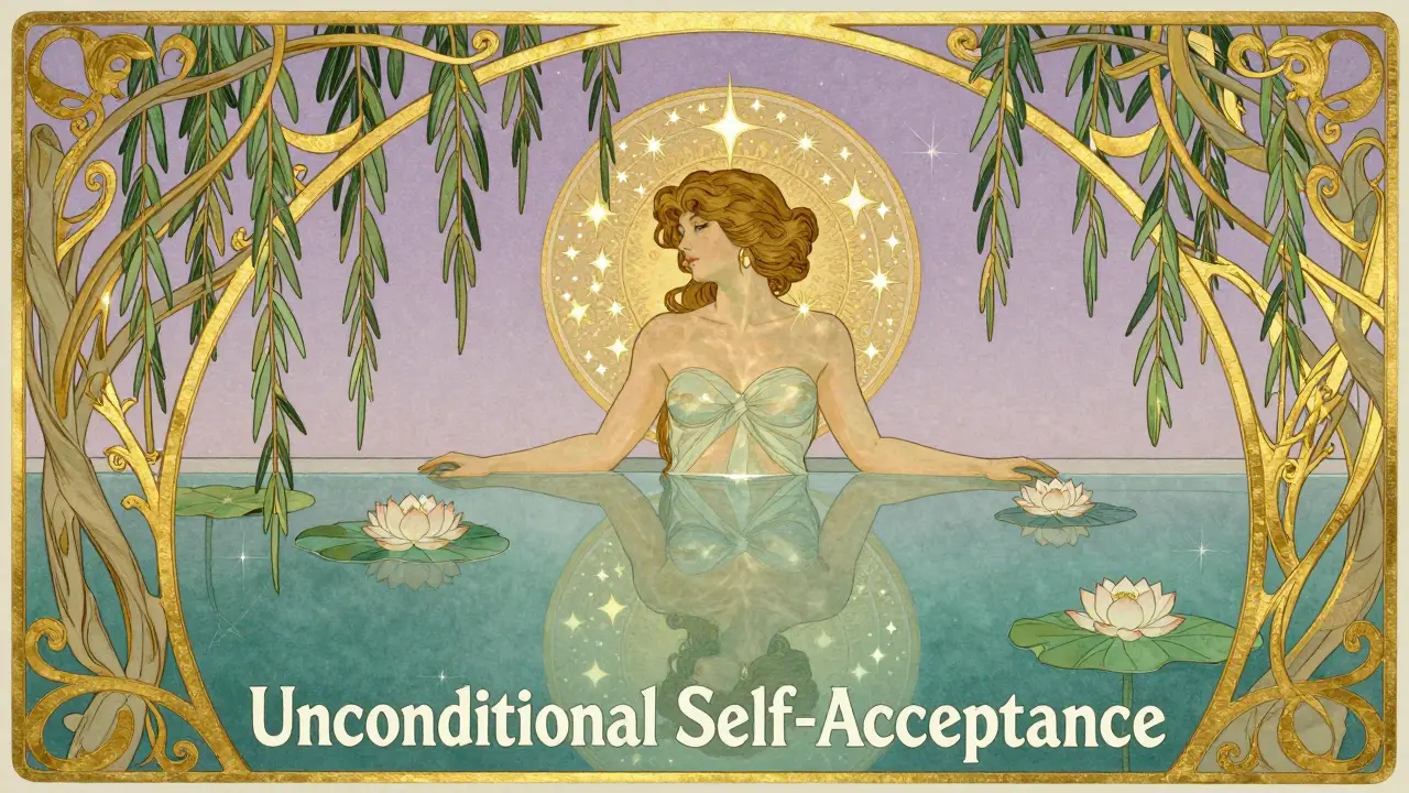 Art nouveau ilustrace znázornující bezpodmínečnou akceptaci sebe sama u zrcadlového jezera.