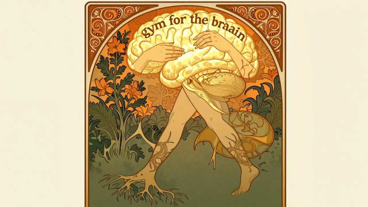 Art Nouveau ilustrace znázornující dynamickou mindfulness a trénink svalu pozornosti.