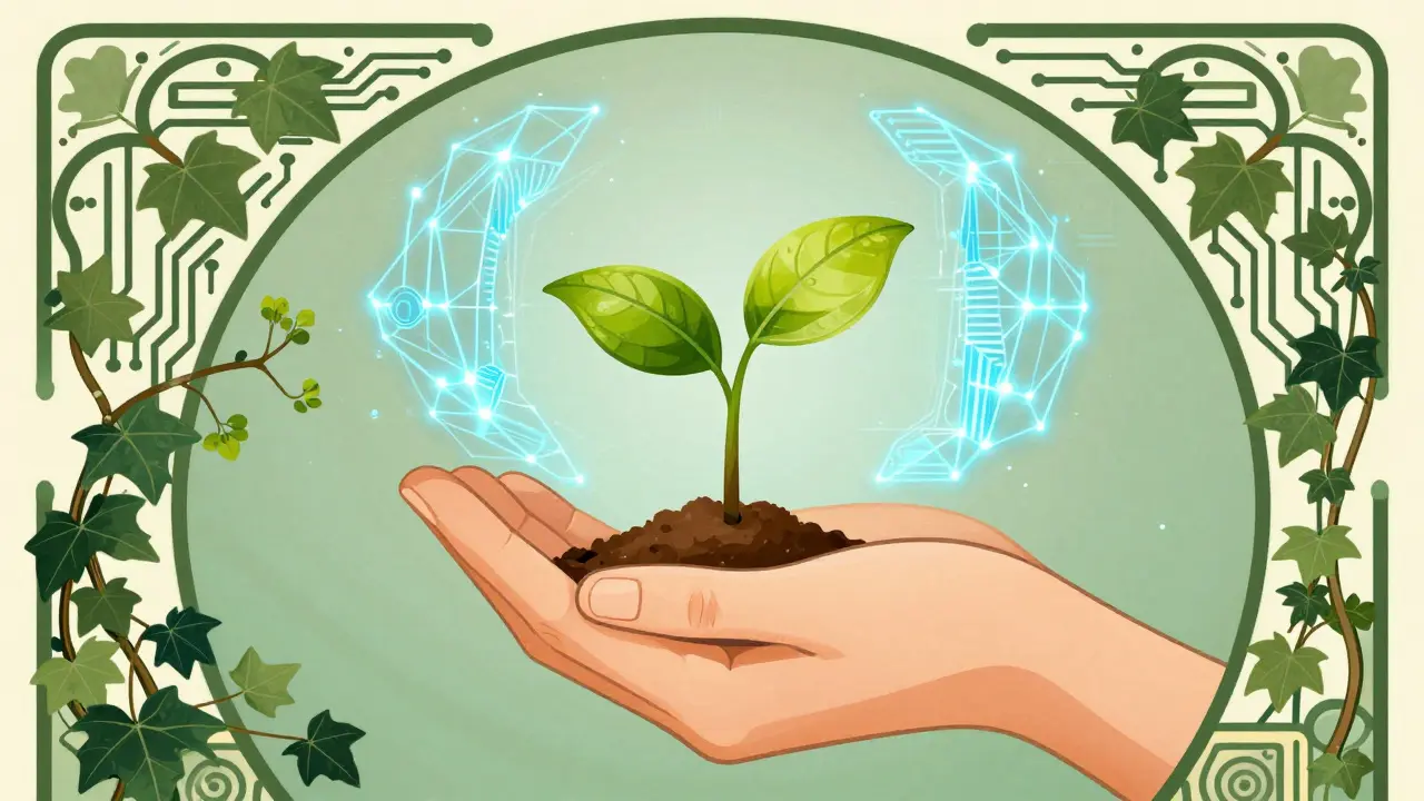 Art Nouveau obraz symbolizující spojení lidské empatie a digitálních nástrojů v léčbě.