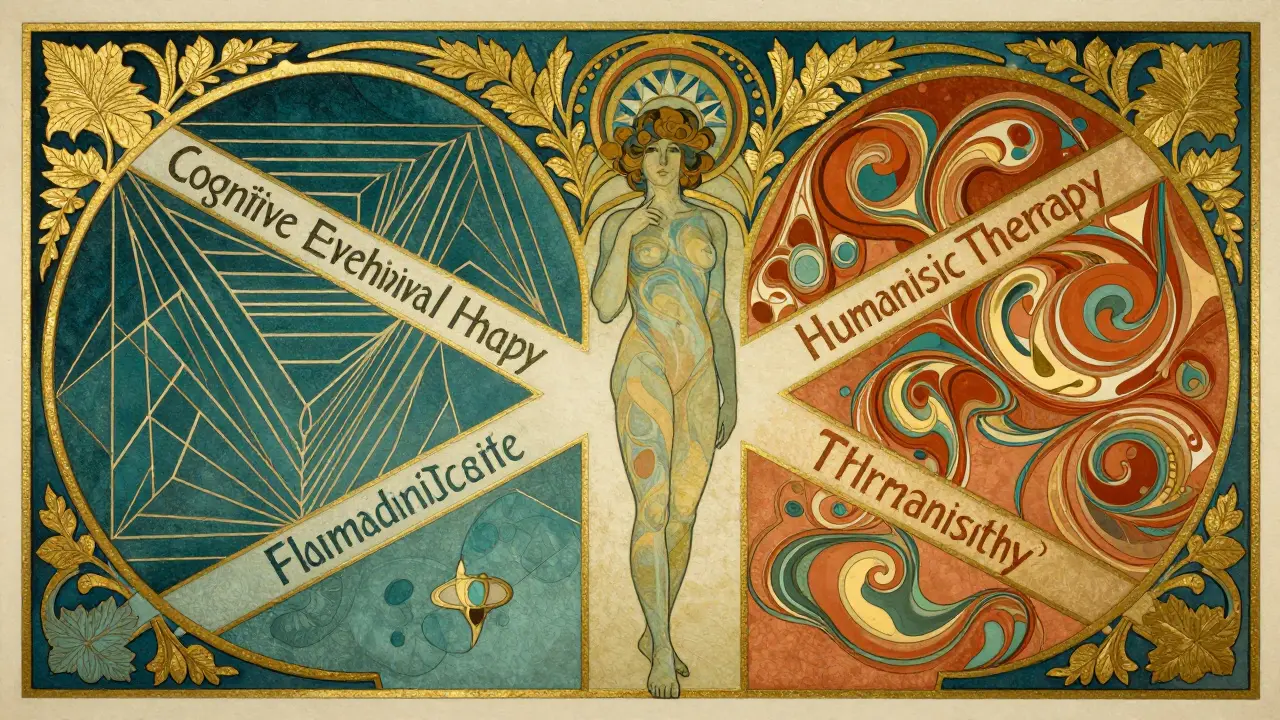 Dekorativní obraz v stylu art nouveau znázornující volbu mezi různými terapeutickými přístupy.