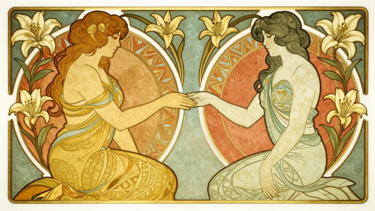 Dvě postavy v dekorativním art nouveau stylu znázorňující sociální spojení a terapii.