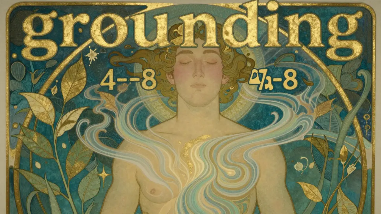 Ilustrace v secesním stylu znázorňující dýchací techniky a vnímání smyslů pro uklidnění.