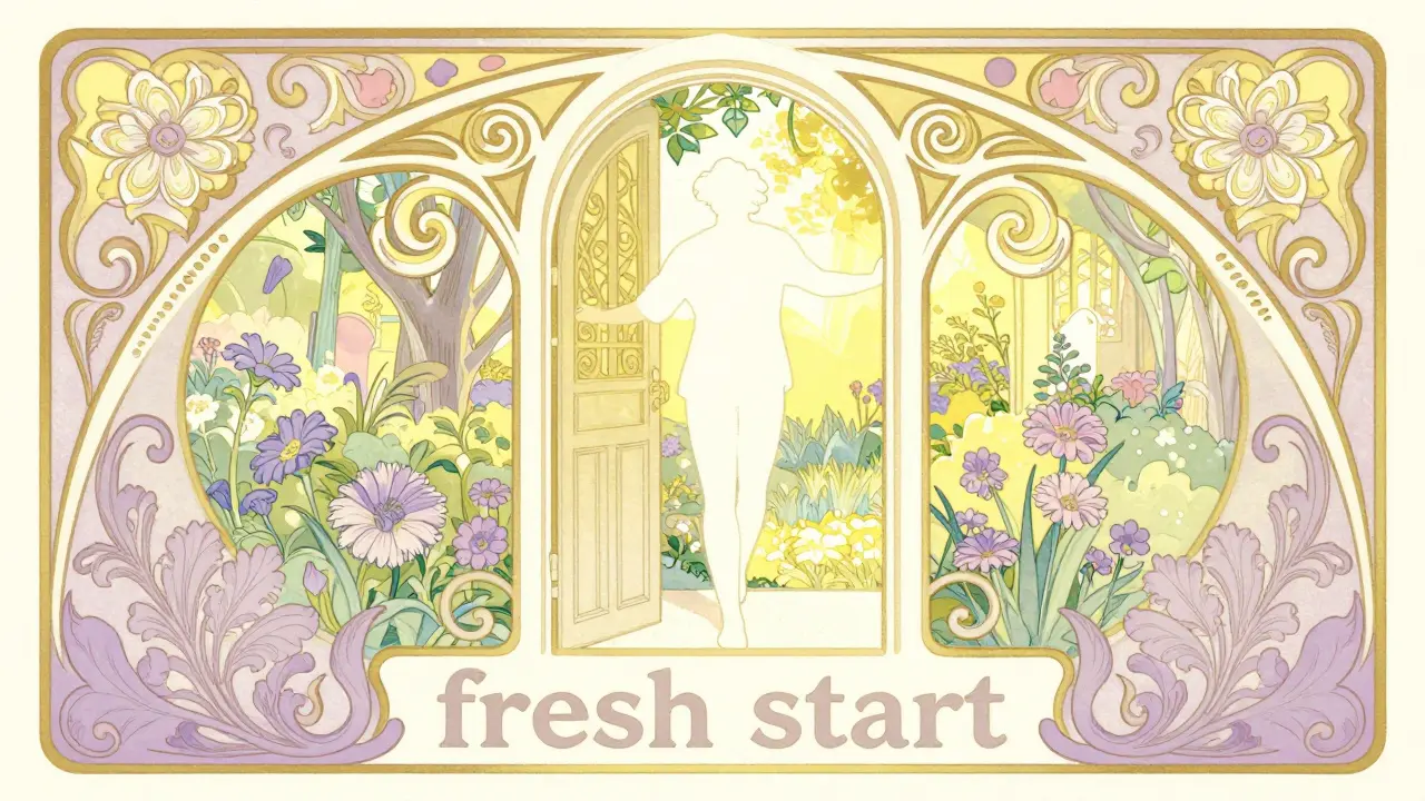 Ilustrace v stylu art nouveau zobrazující osobu procházející branou do světa naděje a nového začátku.